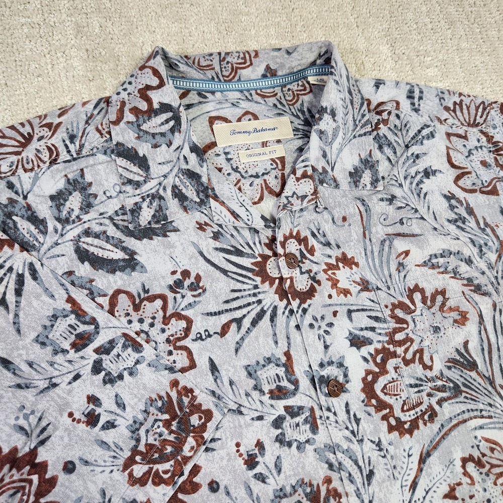 Tommy Bahama Shirt Men Large Floral Loop Collar Silk Hawaiian Camp Button Up
